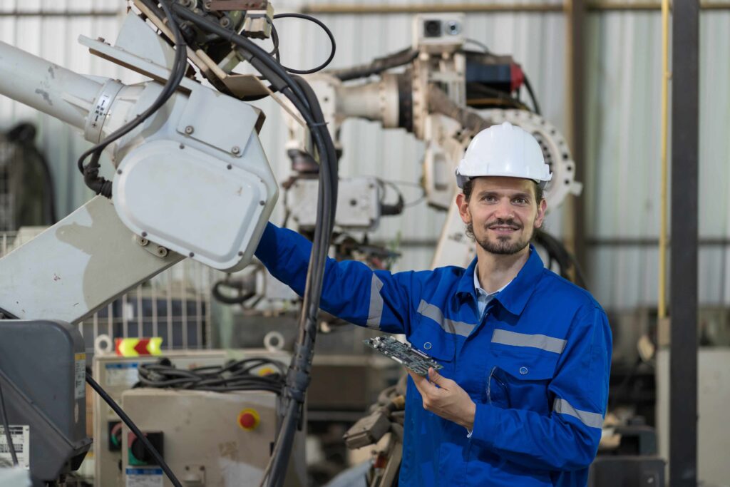 Ein Mechatroniker aus dem Ausland in blauer Arbeitskleidung mit Schutzhelm wartet einen Industrieroboter in einer Produktionshalle.